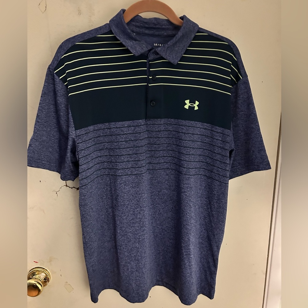 Men’s blue and neon green under armor collard shirt